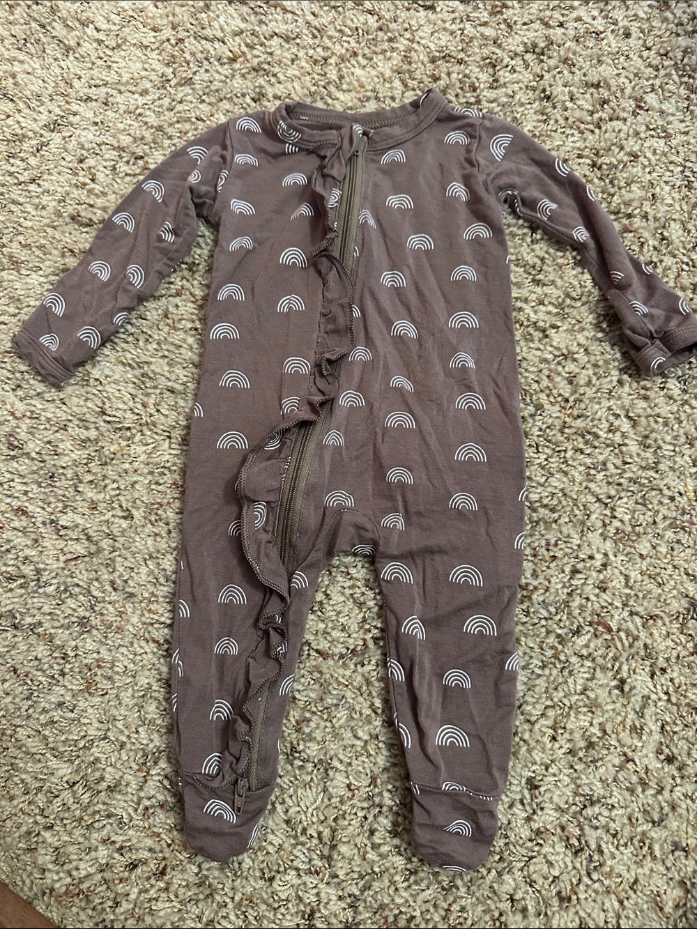 Kids Brown Ruffle Zip One-Piece Pajamas size 0-3 mos.